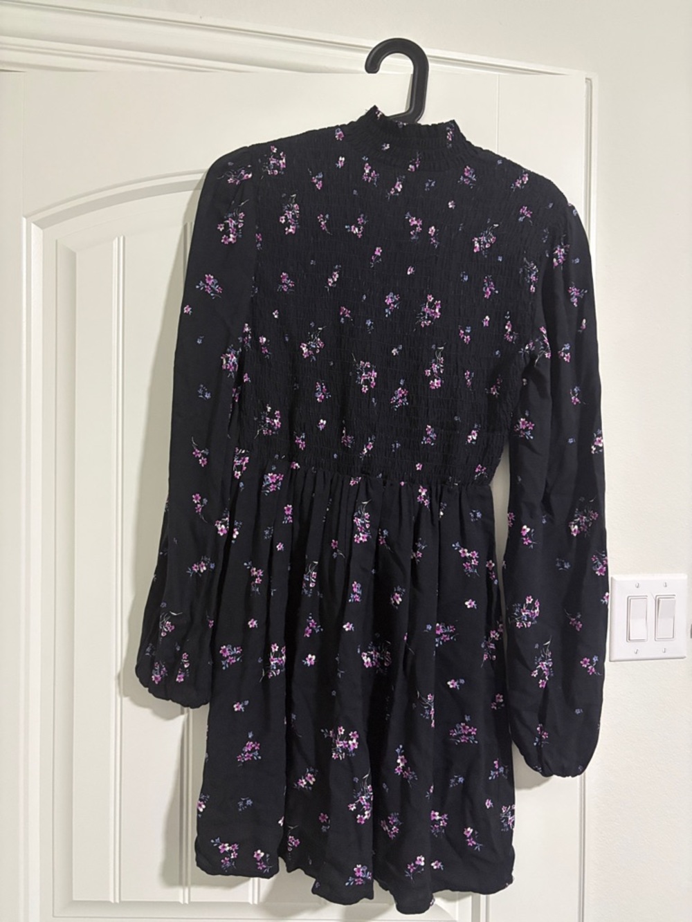 wild fable Black Long Sleeve Floral Mini Dress with Purple/Pink Blossoms